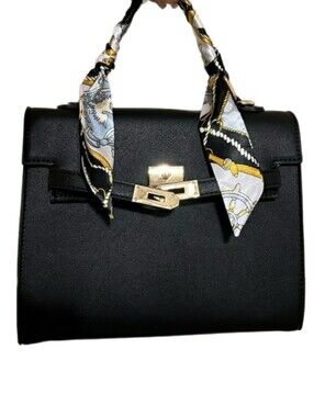Classic Black Structured Top-Handle Satchel Crossbody Bag with Scarf Accent